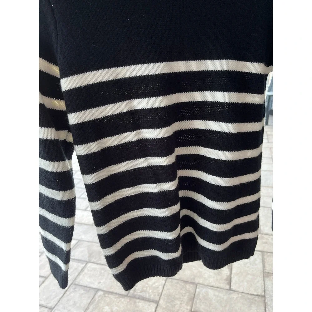 Black White Striped Nautical Preppy Knit Sweater Crew Neck M - Picture 3 of 7